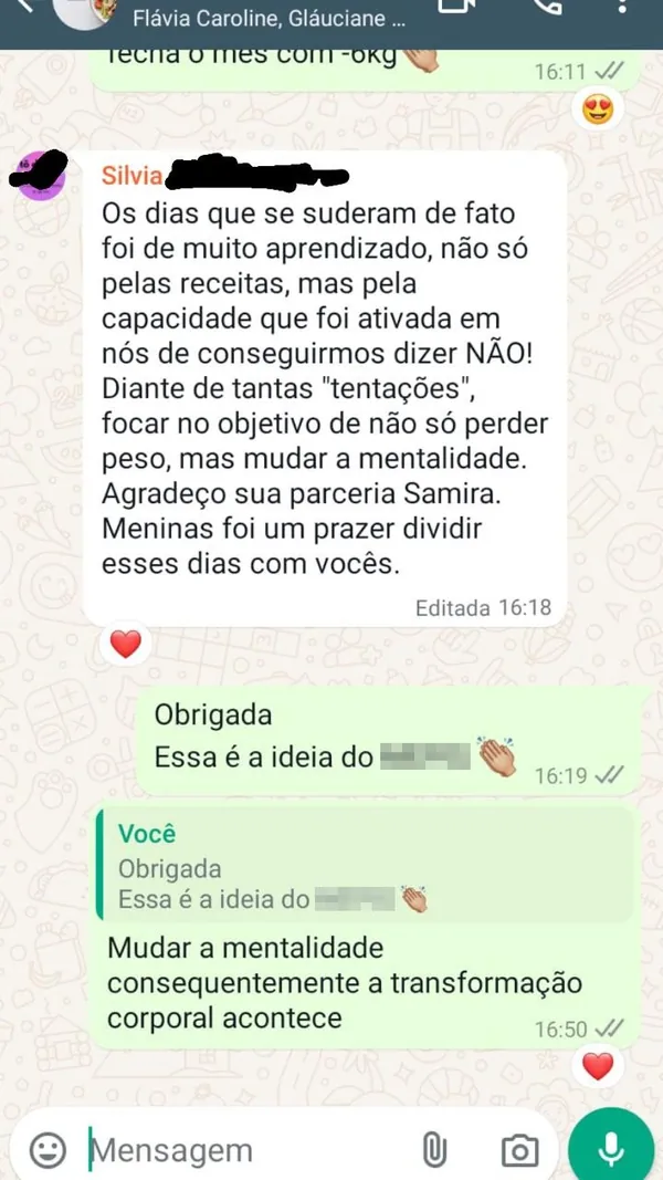 Captura autorizada do relato de Silvia sobre aprendizado e mudança de mentalidade, com o sobrenome ocultado.