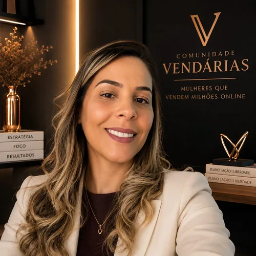 Renata Couto, CEO da Comunidade Vendárias, sorrindo no escritório da marca.