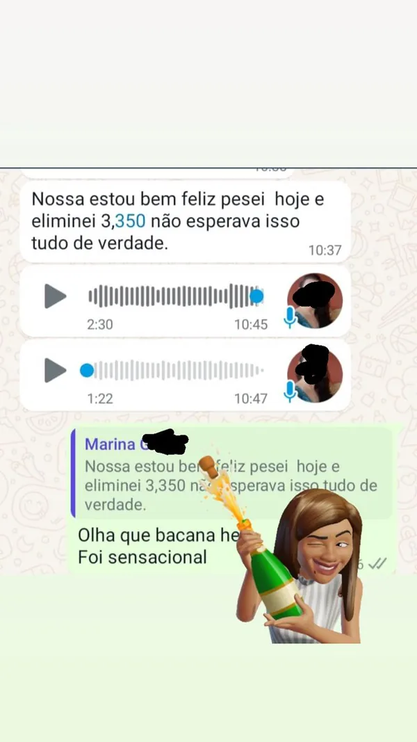 Captura autorizada de mensagem informando 3,350 kg eliminados, com nome e foto de perfil ocultados.